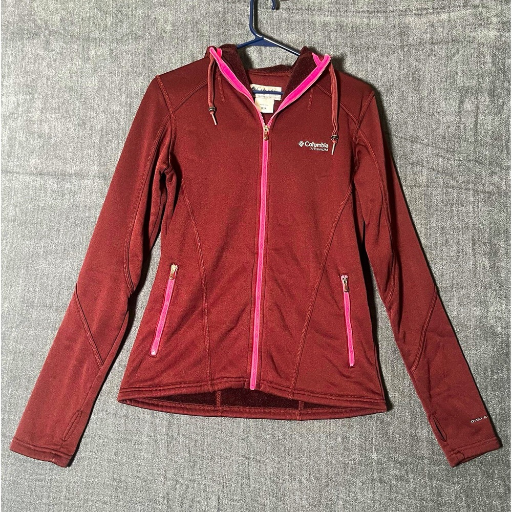 Columbia Titanium Womens M Full Zip Hooded Fleece Jacket Pockets Brown Pink